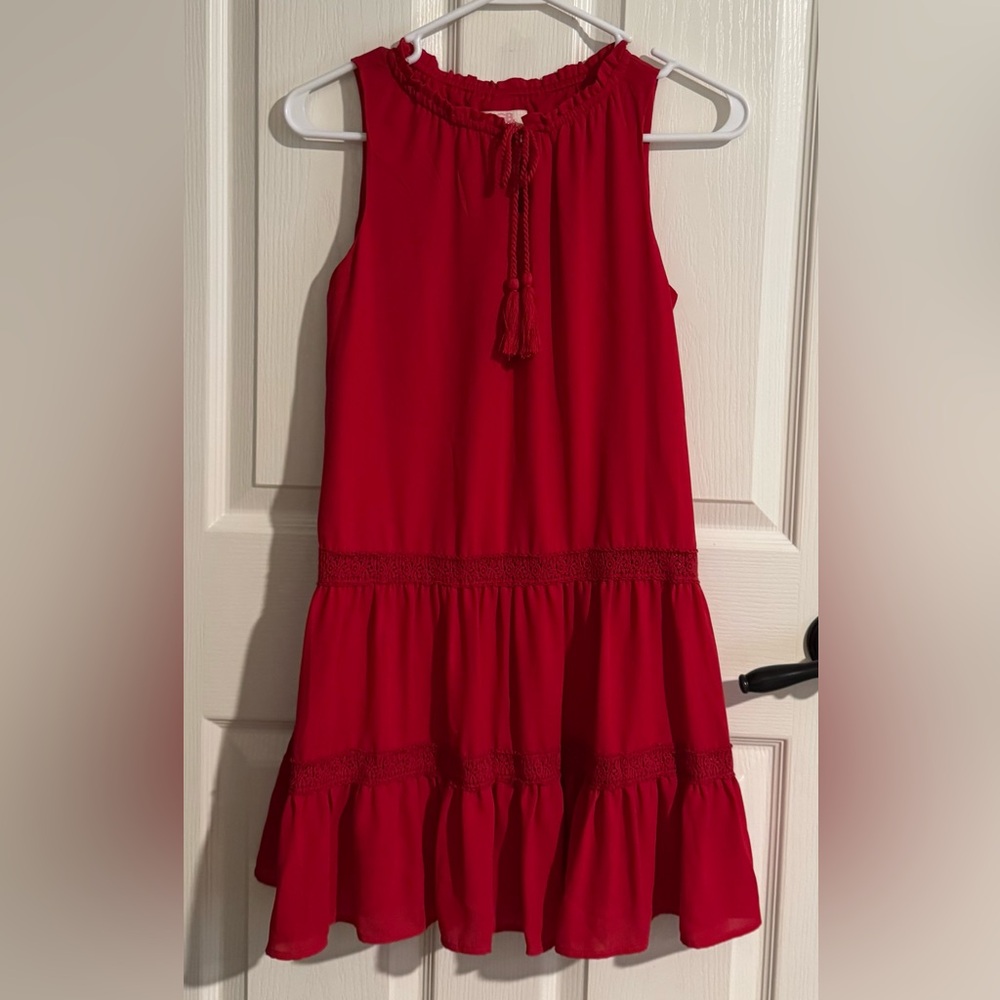 GB Girls Red Sleeveless Dress with Tassel Tie